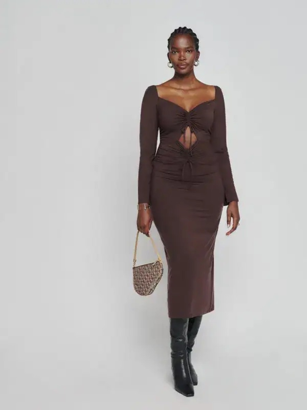 Reformation Ruched Front Long Sleeve Chocolate Midi Dress - size small